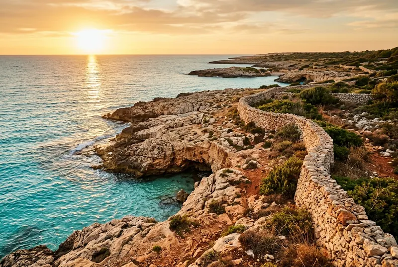 Costa del Salento al tramonto, scogliera e mare